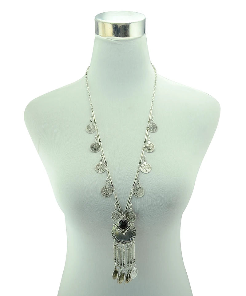 Bohemian Black Blue Stones, Coin tassel Necklace Turkish Gypsy Boho