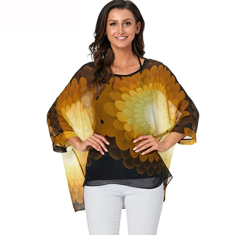 50 patterns to choose from, Plus Size, Boho Batwing Casual Sheer Chiffon Summer Top