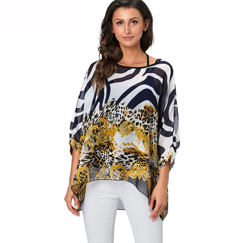 50 patterns to choose from, Plus Size, Boho Batwing Casual Sheer Chiffon Summer Top