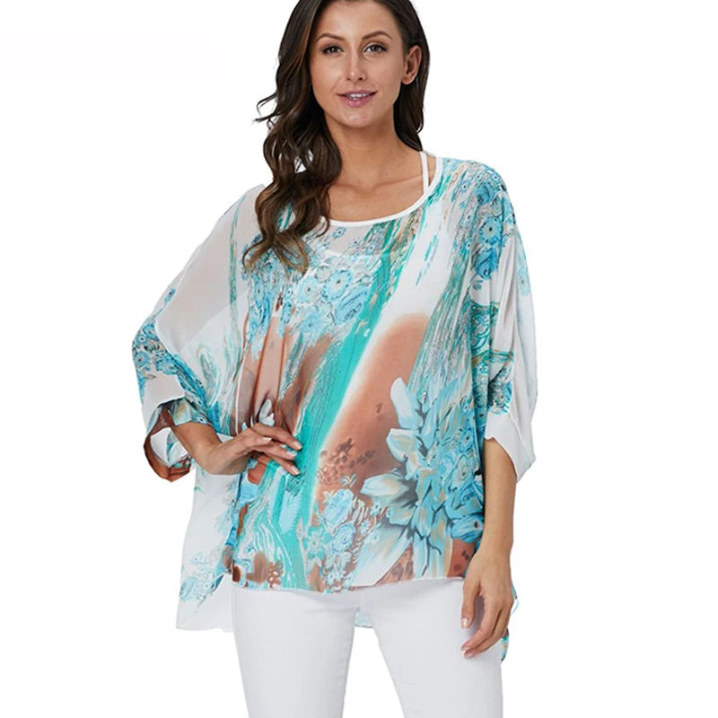 50 patterns to choose from, Plus Size, Boho Batwing Casual Sheer Chiffon Summer Top