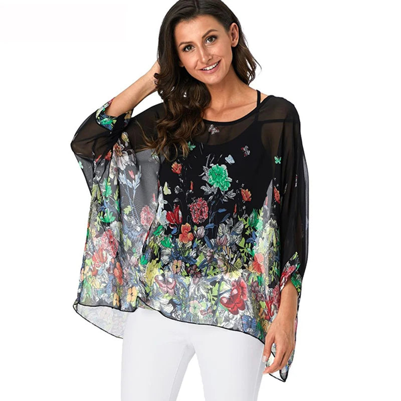 50 patterns to choose from, Plus Size, Boho Batwing Casual Sheer Chiffon Summer Top