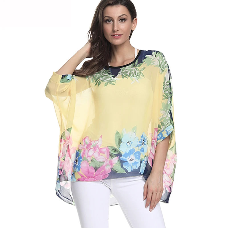 50 patterns to choose from, Plus Size, Boho Batwing Casual Sheer Chiffon Summer Top