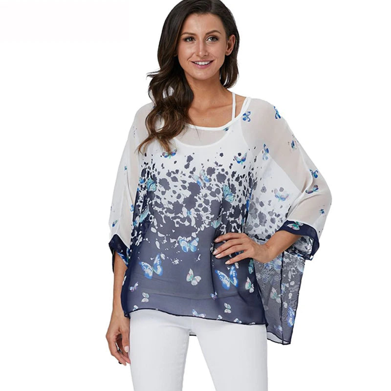 50 patterns to choose from, Plus Size, Boho Batwing Casual Sheer Chiffon Summer Top