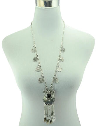 Bohemian Black Blue Stones, Coin tassel Necklace Turkish Gypsy Boho