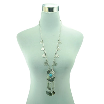 Bohemian Black Blue Stones, Coin tassel Necklace Turkish Gypsy Boho