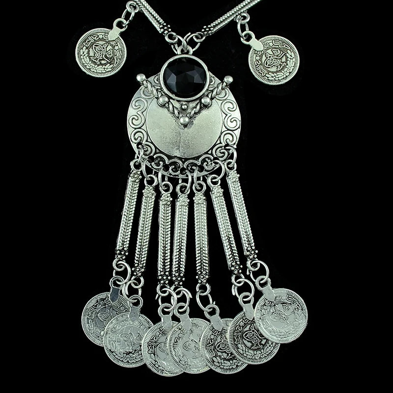 Bohemian Black Blue Stones, Coin tassel Necklace Turkish Gypsy Boho