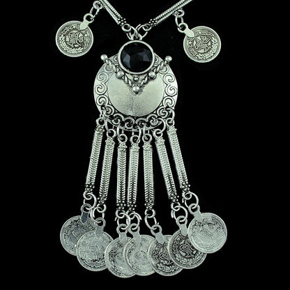 Bohemian Black Blue Stones, Coin tassel Necklace Turkish Gypsy Boho