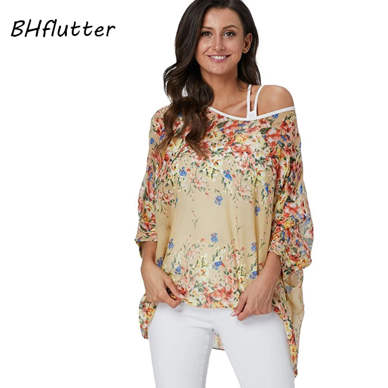 50 patterns to choose from, Plus Size, Boho Batwing Casual Sheer Chiffon Summer Top