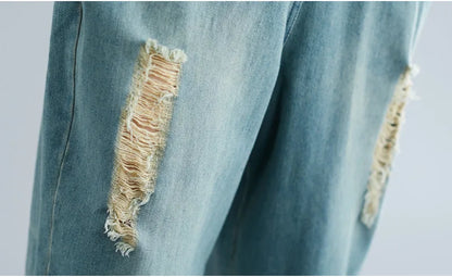 Sizes to 2XL Distressed Denim Jumpsuit, Loose Bibbed Overalls with Spaghetti Straps and Pockets