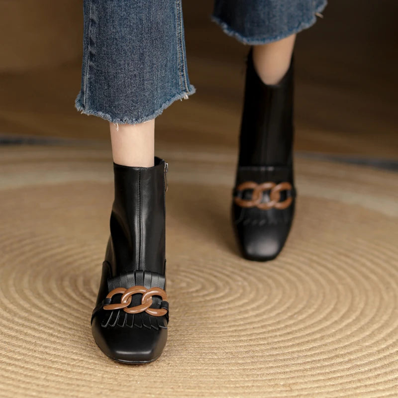 Winter Ankle Boots Square Toe Genuine Leather, Fringe topped with 3 Circles in Black or Tan. Side Zipper