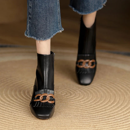 Winter Ankle Boots Square Toe Genuine Leather, Fringe topped with 3 Circles in Black or Tan. Side Zipper