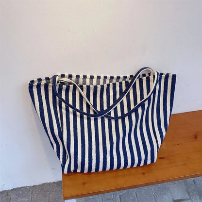 Large Capacity Canvas Shopper Tote Simple Striped Shoulder Bag Multifunctional