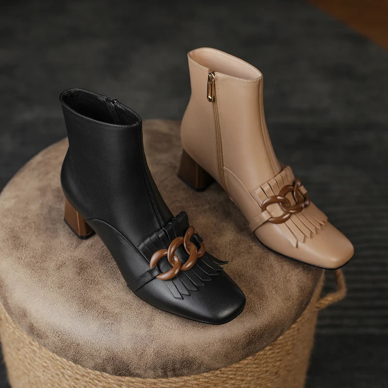 Winter Ankle Boots Square Toe Genuine Leather, Fringe topped with 3 Circles in Black or Tan. Side Zipper