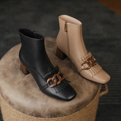 Winter Ankle Boots Square Toe Genuine Leather, Fringe topped with 3 Circles in Black or Tan. Side Zipper