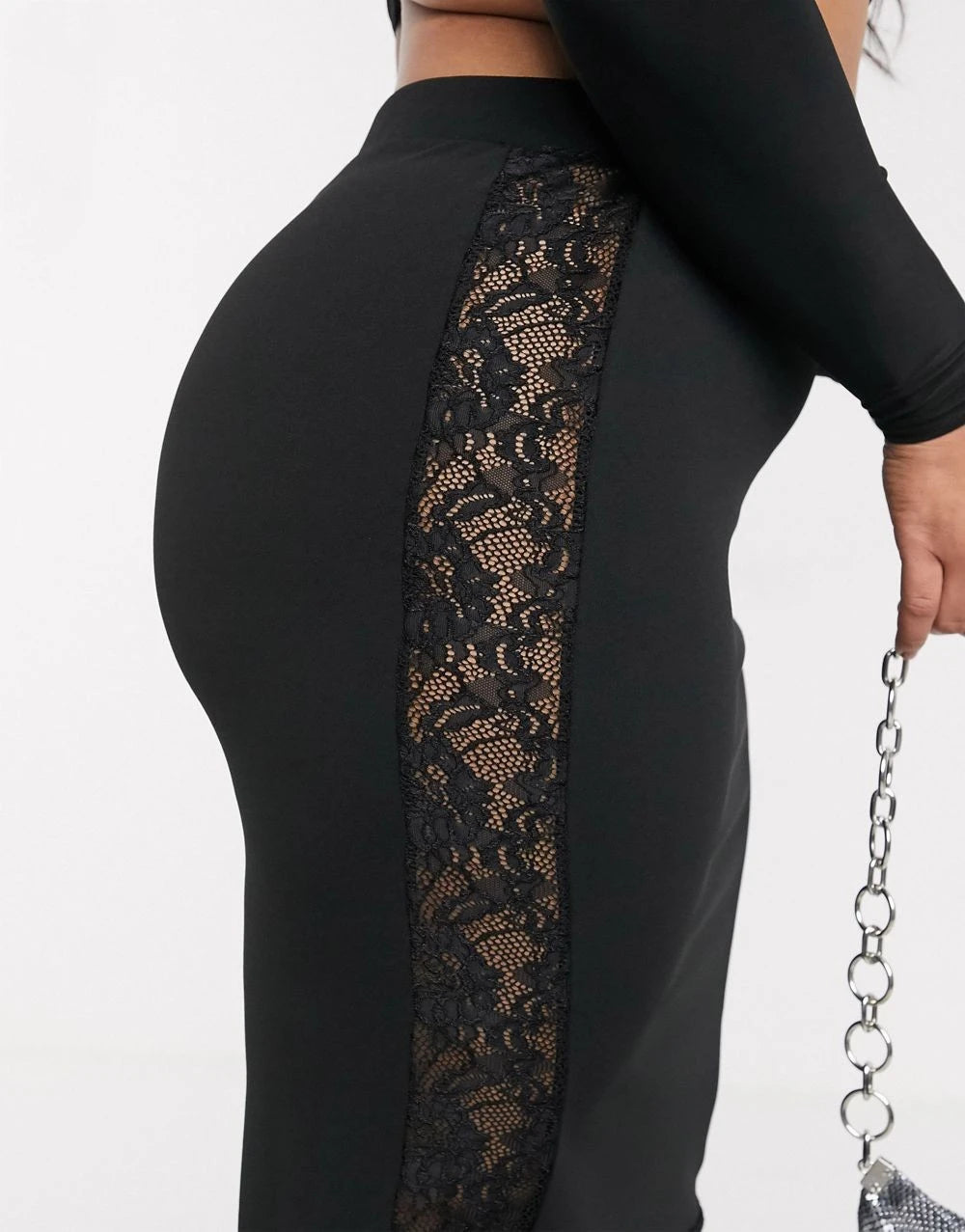 Plus Sizes to 8XL!!!    Elastic Waist, Elegant Bodycon Skirt with Lace Trim, Black Business Casual Midi Skirt