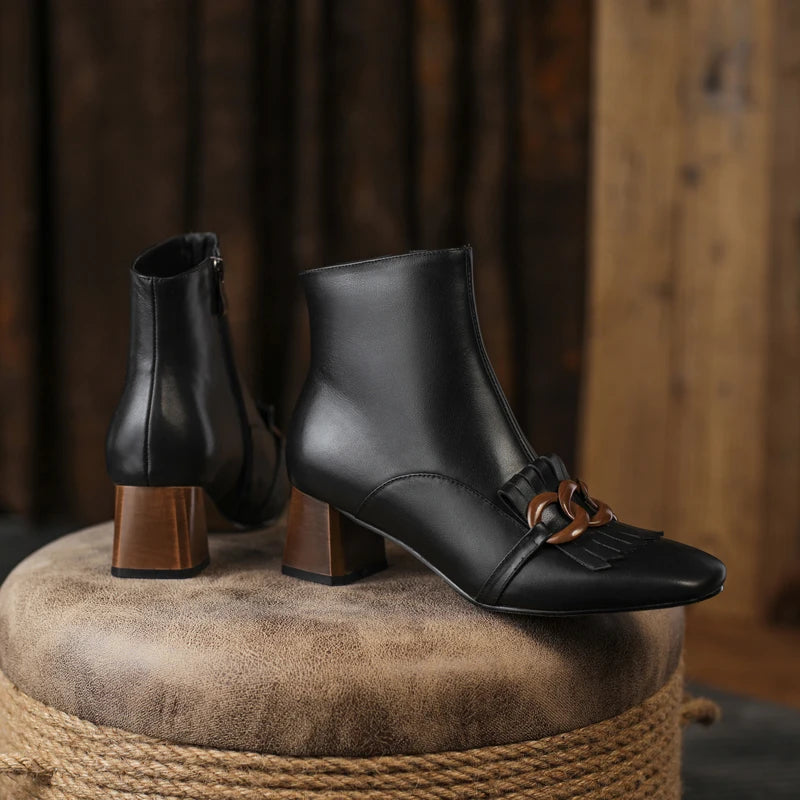 Winter Ankle Boots Square Toe Genuine Leather, Fringe topped with 3 Circles in Black or Tan. Side Zipper