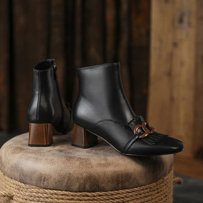Winter Ankle Boots Square Toe Genuine Leather, Fringe topped with 3 Circles in Black or Tan. Side Zipper