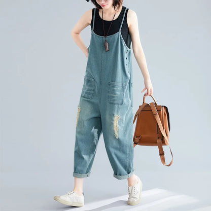 Sizes to 2XL Distressed Denim Jumpsuit, Loose Bibbed Overalls with Spaghetti Straps and Pockets