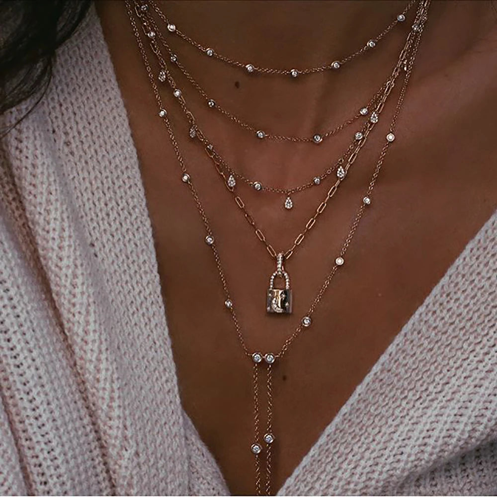 Vintage Crystal  Star Moon Layered Necklace Boho Multi-level Necklaces