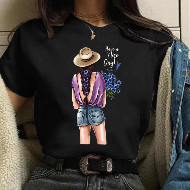 Sizes to 3XXL T-shirts Casual Round Neck Short Top short Sleeves  Logo  "Have a Nice Day" or "But First, Coffee"