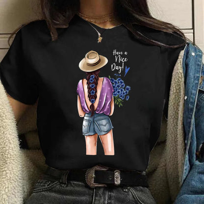 Sizes to 3XXL T-shirts Casual Round Neck Short Top short Sleeves  Logo  "Have a Nice Day" or "But First, Coffee"