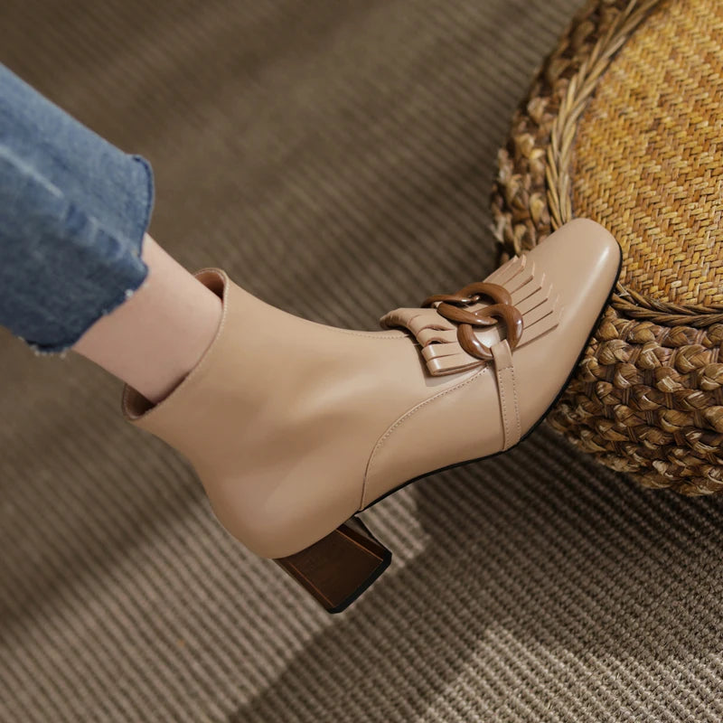 Winter Ankle Boots Square Toe Genuine Leather, Fringe topped with 3 Circles in Black or Tan. Side Zipper