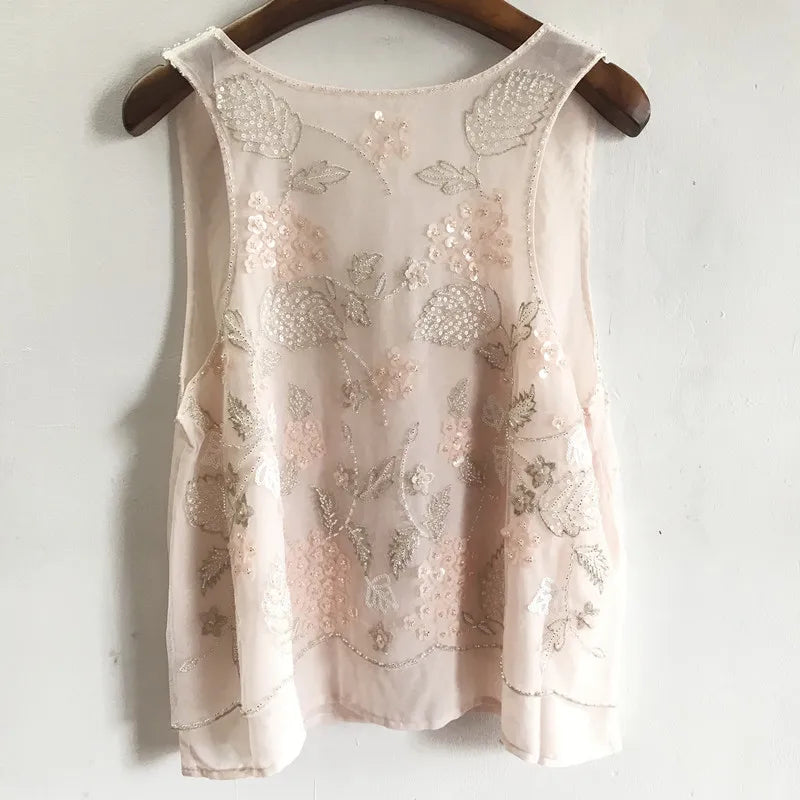 Floral Beaded Loose Sleeveless Tank Top U-Neck Flowers Embroidered Sequined Chiffon Gauze Tank Tops