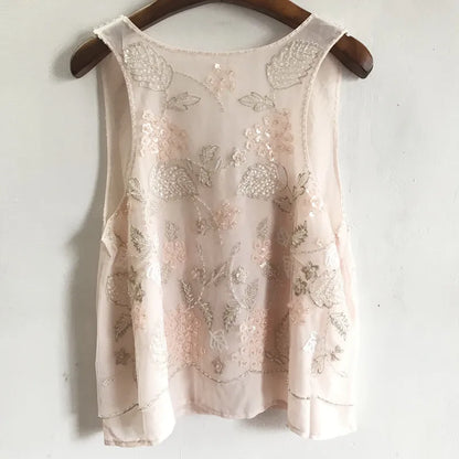 Floral Beaded Loose Sleeveless Tank Top U-Neck Flowers Embroidered Sequined Chiffon Gauze Tank Tops