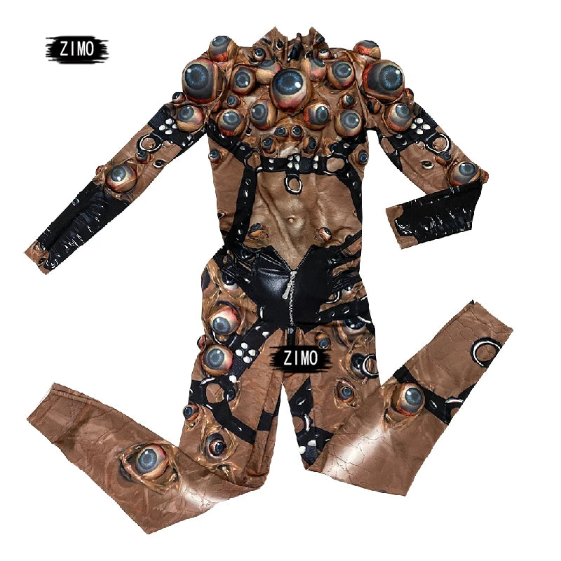 Halloween Men and Women Horror Costume, 3D Eye Novelty Stretch Jumpsuit Rompers