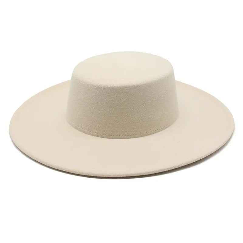 French Wide Brim Women's Fedora Wool Hat  Flat Top Felt in Marigold, White, and Black.