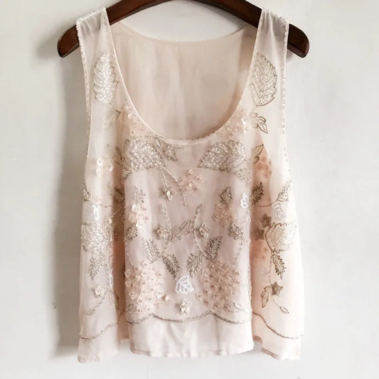 Floral Beaded Loose Sleeveless Tank Top U-Neck Flowers Embroidered Sequined Chiffon Gauze Tank Tops