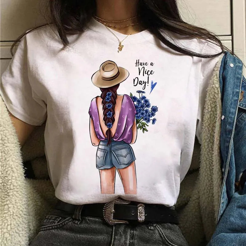 Sizes to 3XXL T-shirts Casual Round Neck Short Top short Sleeves  Logo  "Have a Nice Day" or "But First, Coffee"