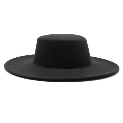 French Wide Brim Women's Fedora Wool Hat  Flat Top Felt in Marigold, White, and Black.