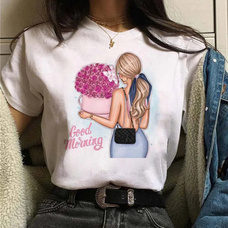 Sizes to 3XXL T-shirts Casual Round Neck Short Top short Sleeves  Logo  "Have a Nice Day" or "But First, Coffee"