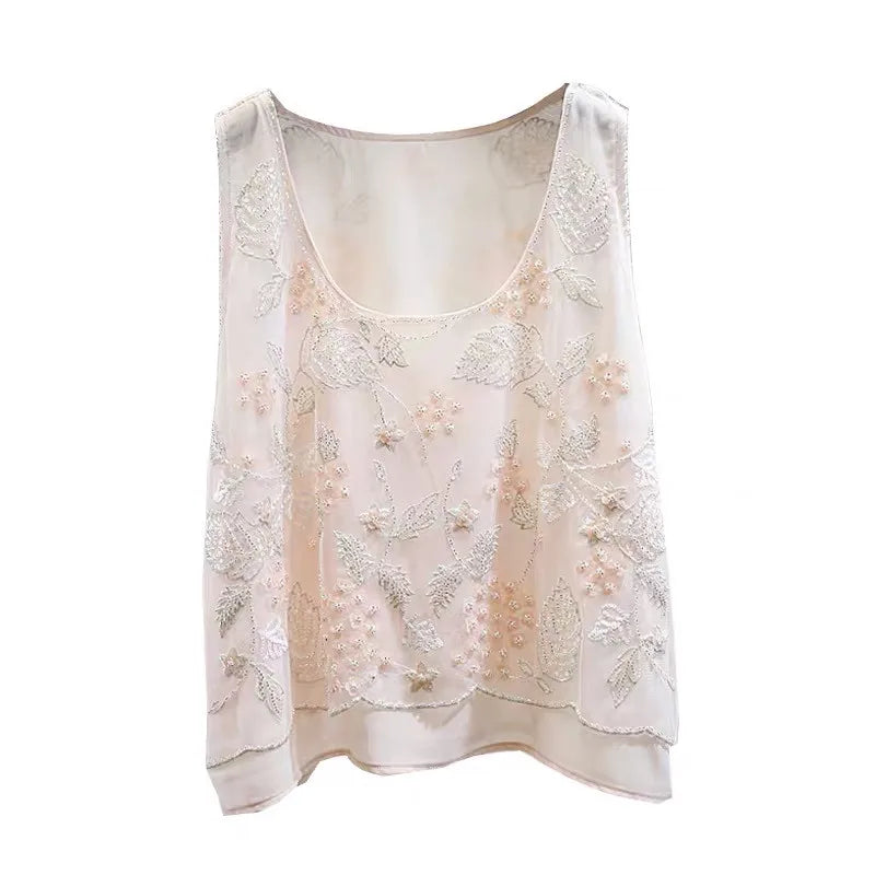 Floral Beaded Loose Sleeveless Tank Top U-Neck Flowers Embroidered Sequined Chiffon Gauze Tank Tops