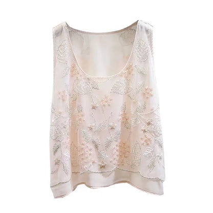 Floral Beaded Loose Sleeveless Tank Top U-Neck Flowers Embroidered Sequined Chiffon Gauze Tank Tops