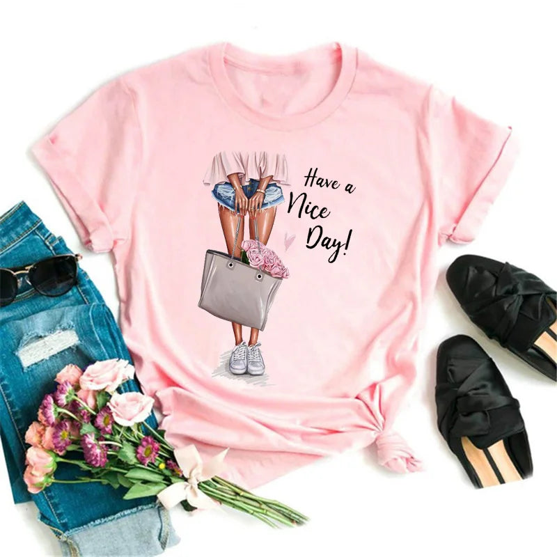 Sizes to 3XXL T-shirts Casual Round Neck Short Top short Sleeves  Logo  "Have a Nice Day" or "But First, Coffee"