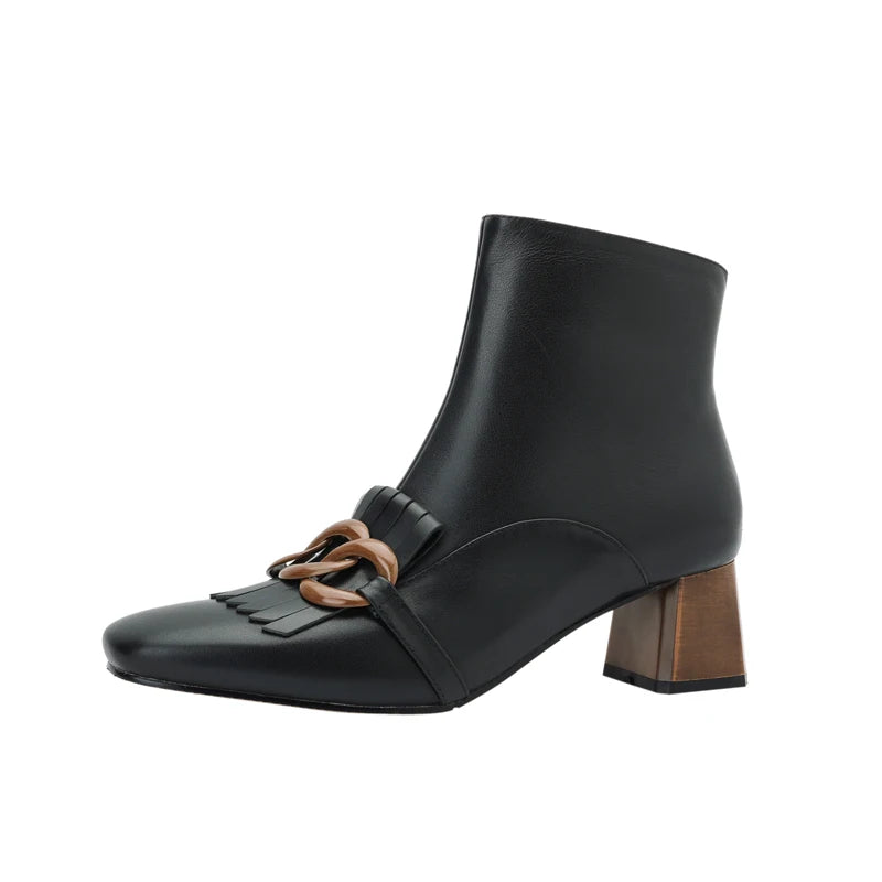 Winter Ankle Boots Square Toe Genuine Leather, Fringe topped with 3 Circles in Black or Tan. Side Zipper