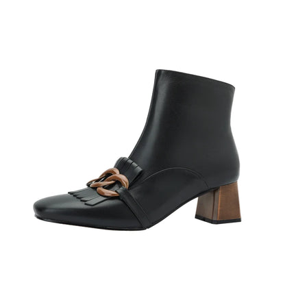Winter Ankle Boots Square Toe Genuine Leather, Fringe topped with 3 Circles in Black or Tan. Side Zipper