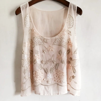 Floral Beaded Loose Sleeveless Tank Top U-Neck Flowers Embroidered Sequined Chiffon Gauze Tank Tops
