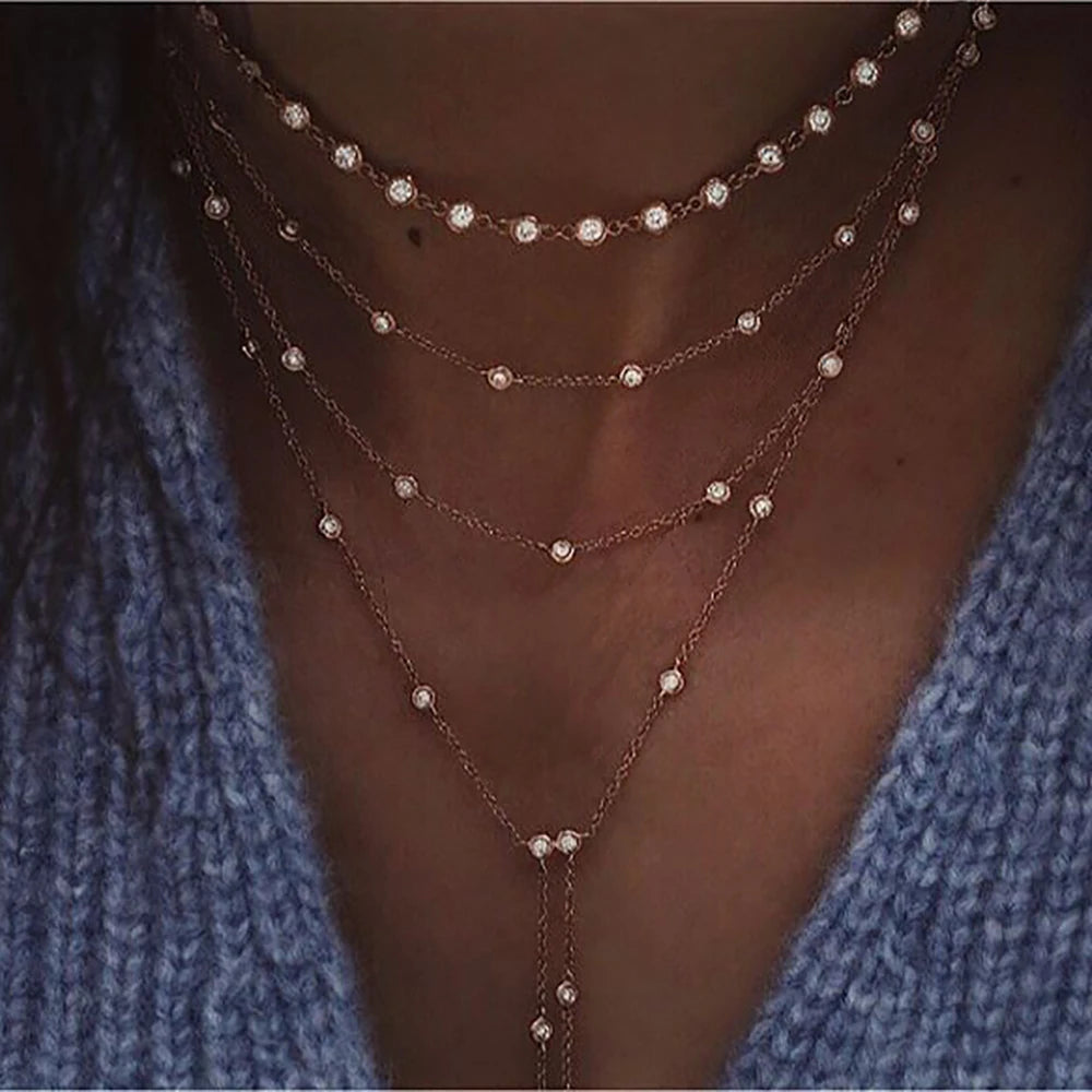 Vintage Crystal  Star Moon Layered Necklace Boho Multi-level Necklaces