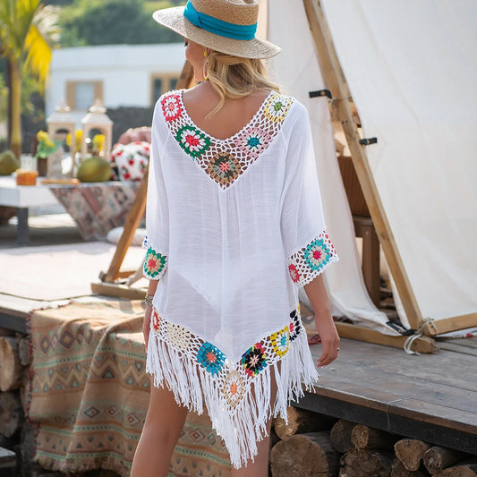 CROCHET WHITE BIKINI White Bikini Cover Up With Fringe and Native American Design