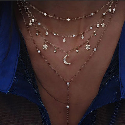 Vintage Crystal  Star Moon Layered Necklace Boho Multi-level Necklaces