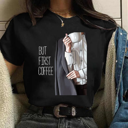 Sizes to 3XXL T-shirts Casual Round Neck Short Top short Sleeves  Logo  "Have a Nice Day" or "But First, Coffee"