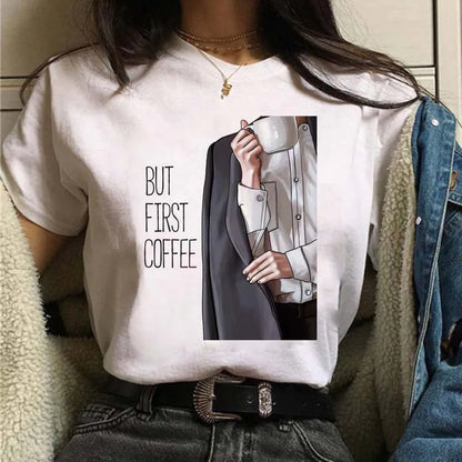 Sizes to 3XXL T-shirts Casual Round Neck Short Top short Sleeves  Logo  "Have a Nice Day" or "But First, Coffee"