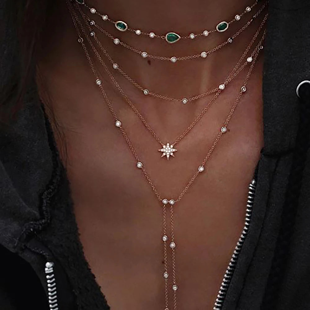 Vintage Crystal  Star Moon Layered Necklace Boho Multi-level Necklaces