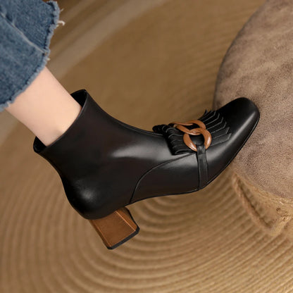 Winter Ankle Boots Square Toe Genuine Leather, Fringe topped with 3 Circles in Black or Tan. Side Zipper