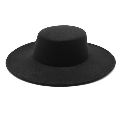 French Wide Brim Women's Fedora Wool Hat  Flat Top Felt in Marigold, White, and Black.
