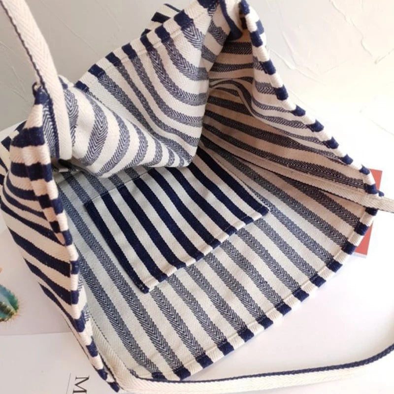 Large Capacity Canvas Shopper Tote Simple Striped Shoulder Bag Multifunctional