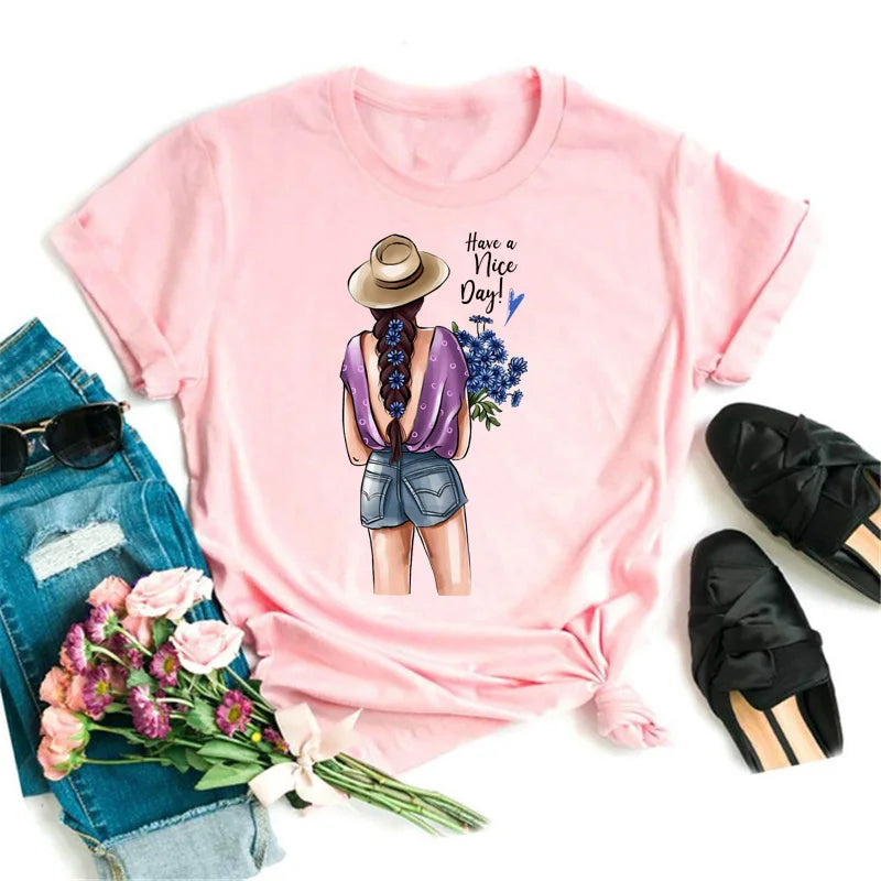 Sizes to 3XXL T-shirts Casual Round Neck Short Top short Sleeves  Logo  "Have a Nice Day" or "But First, Coffee"